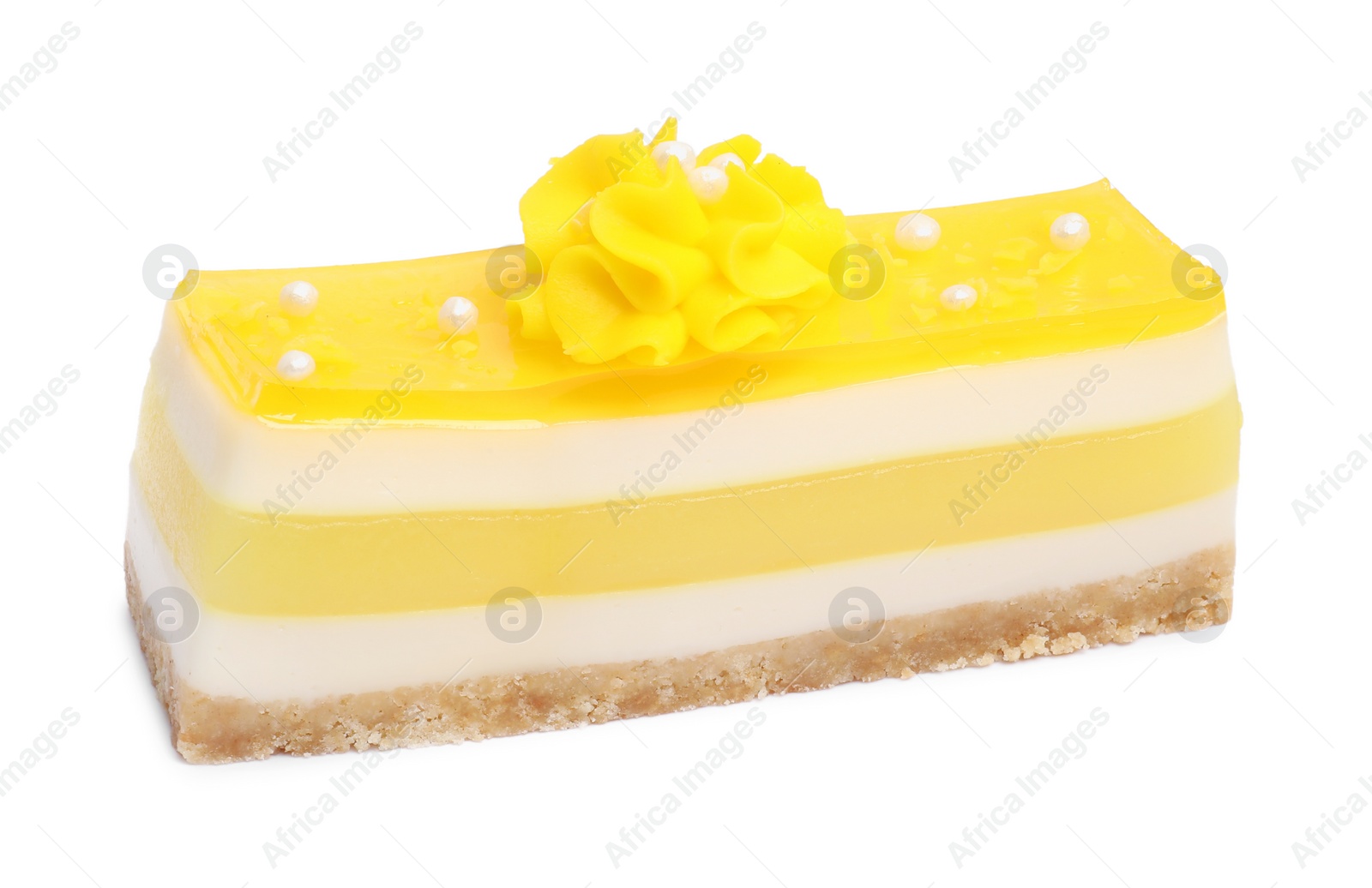 Photo of Piece of delicious cheesecake with lemon isolated on white