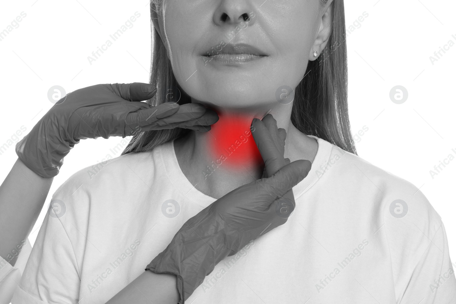 Image of Endocrinologist examining thyroid gland of patient on white background, closeup. Color accent effect