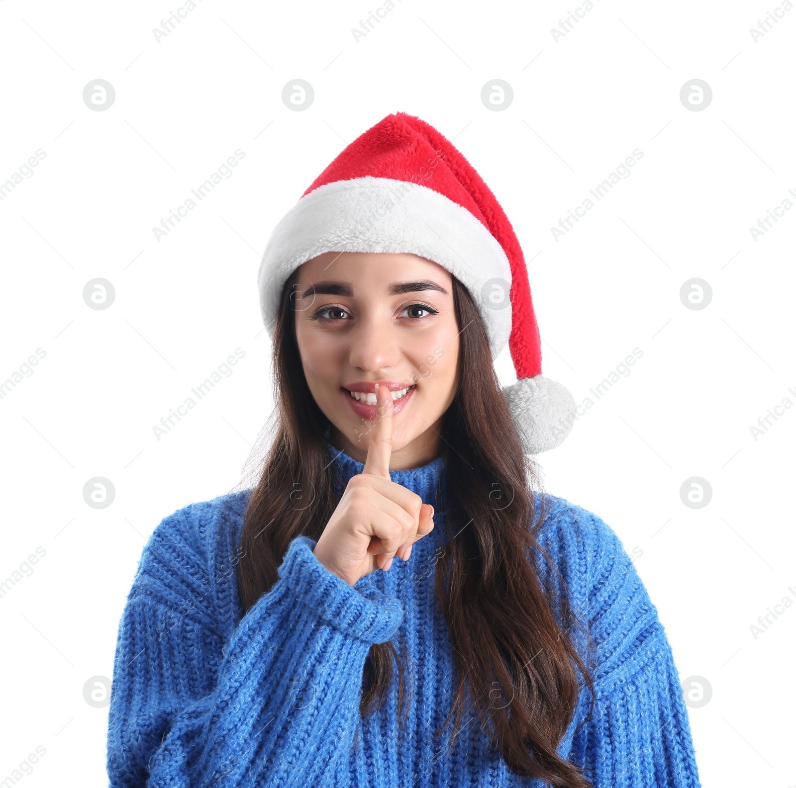 Photo of Beautiful woman wearing Santa Claus hat on white background