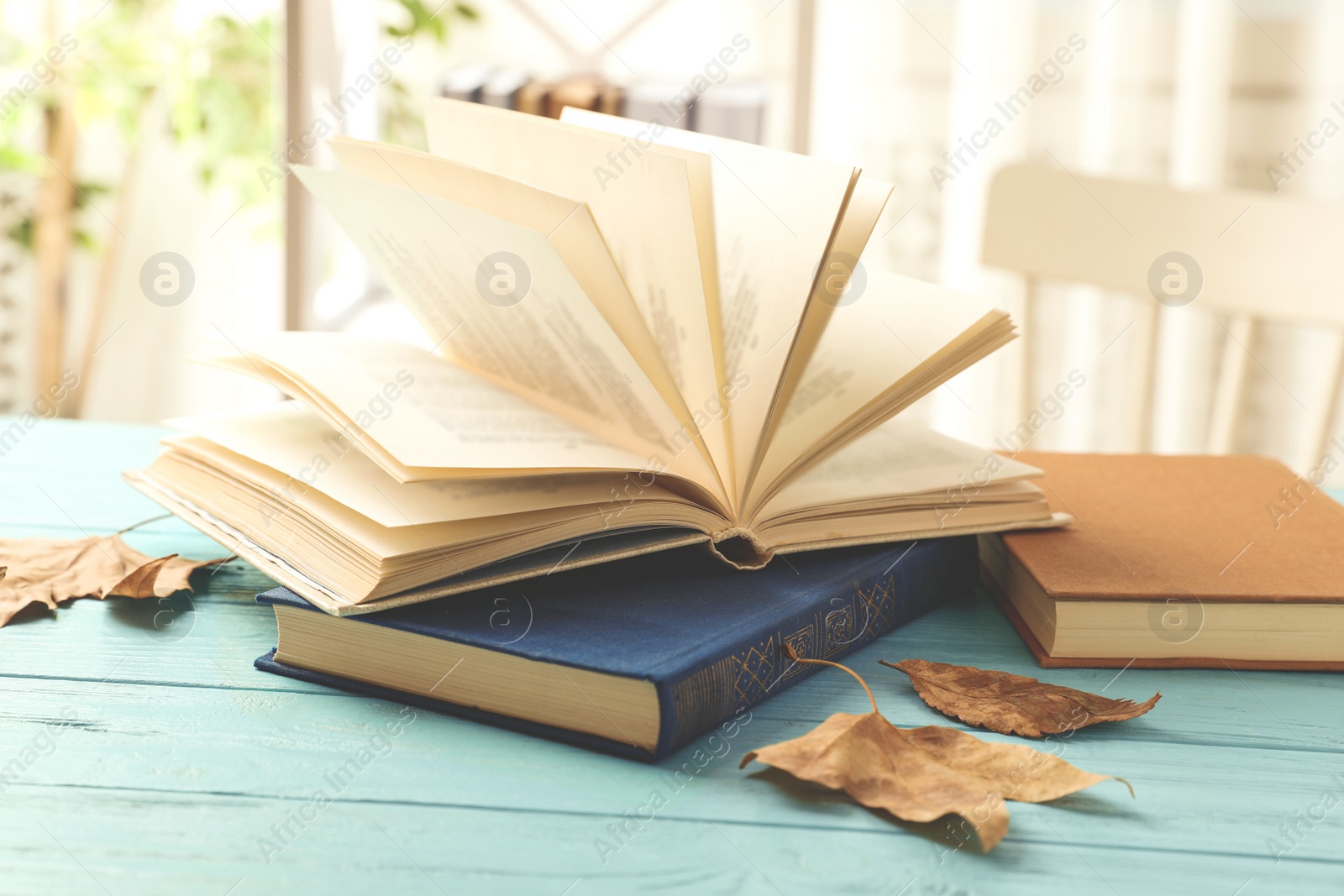 Photo of Open hardcover book on light blue table indoors