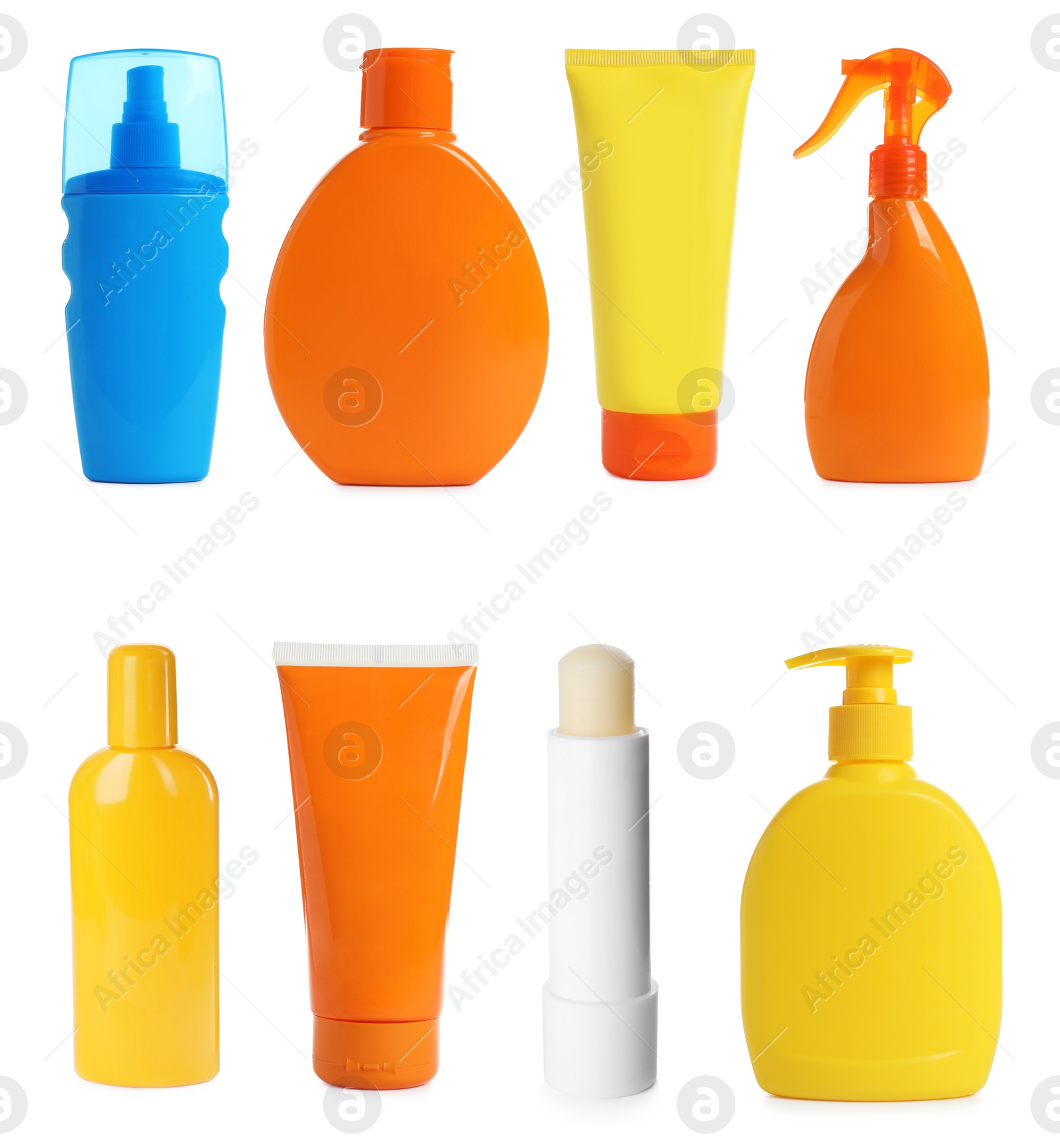 Image of Set with sun protection cosmetic products on white background