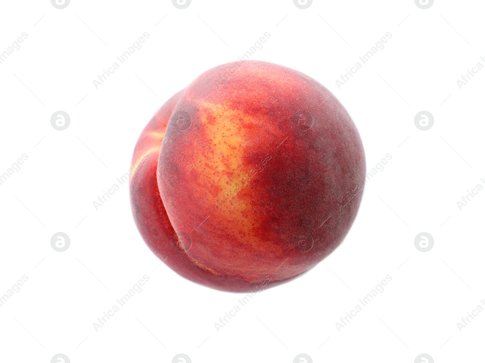 Photo of Fresh juicy peach on white background, top view