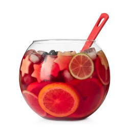 Photo of Glass bowl of Red Sangria and ladle isolated on white