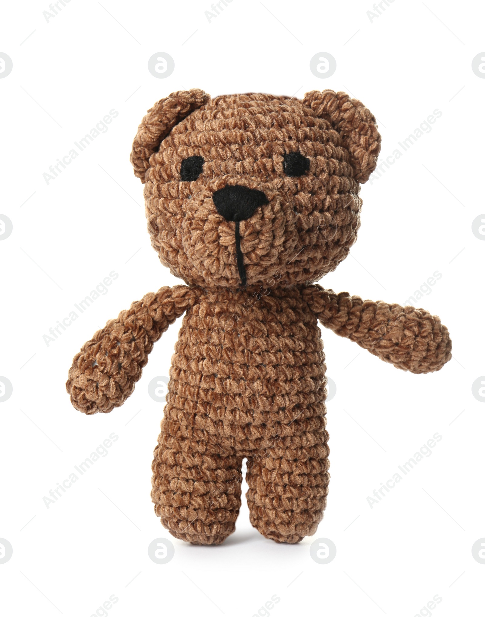 Photo of One crochet bear isolated on white. Children's toy