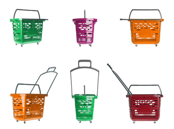 Image of Set of shopping baskets on white background