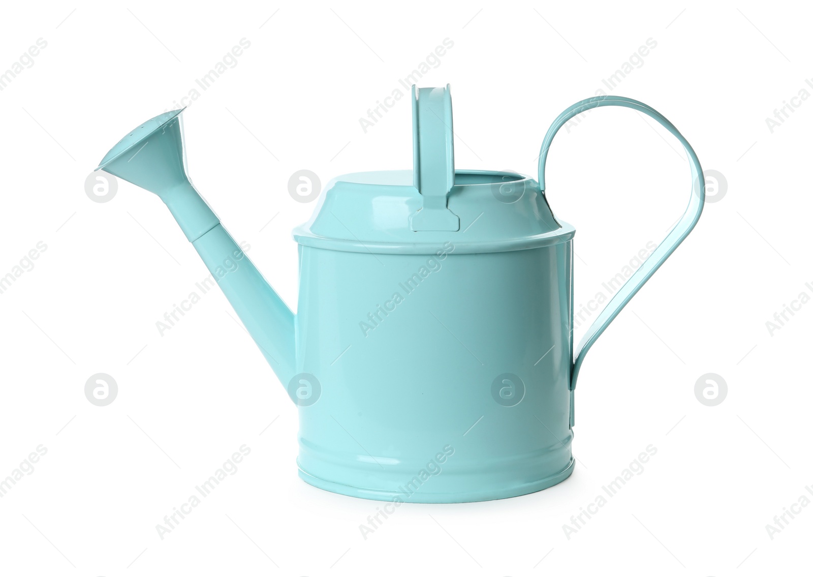 Photo of Turquoise metal watering can isolated on white