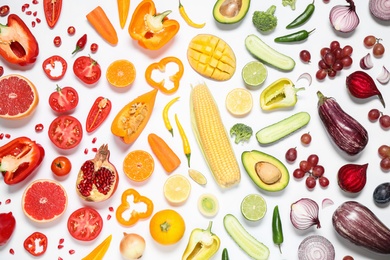 Photo of Composition with fresh organic fruits and vegetables on white background, top view