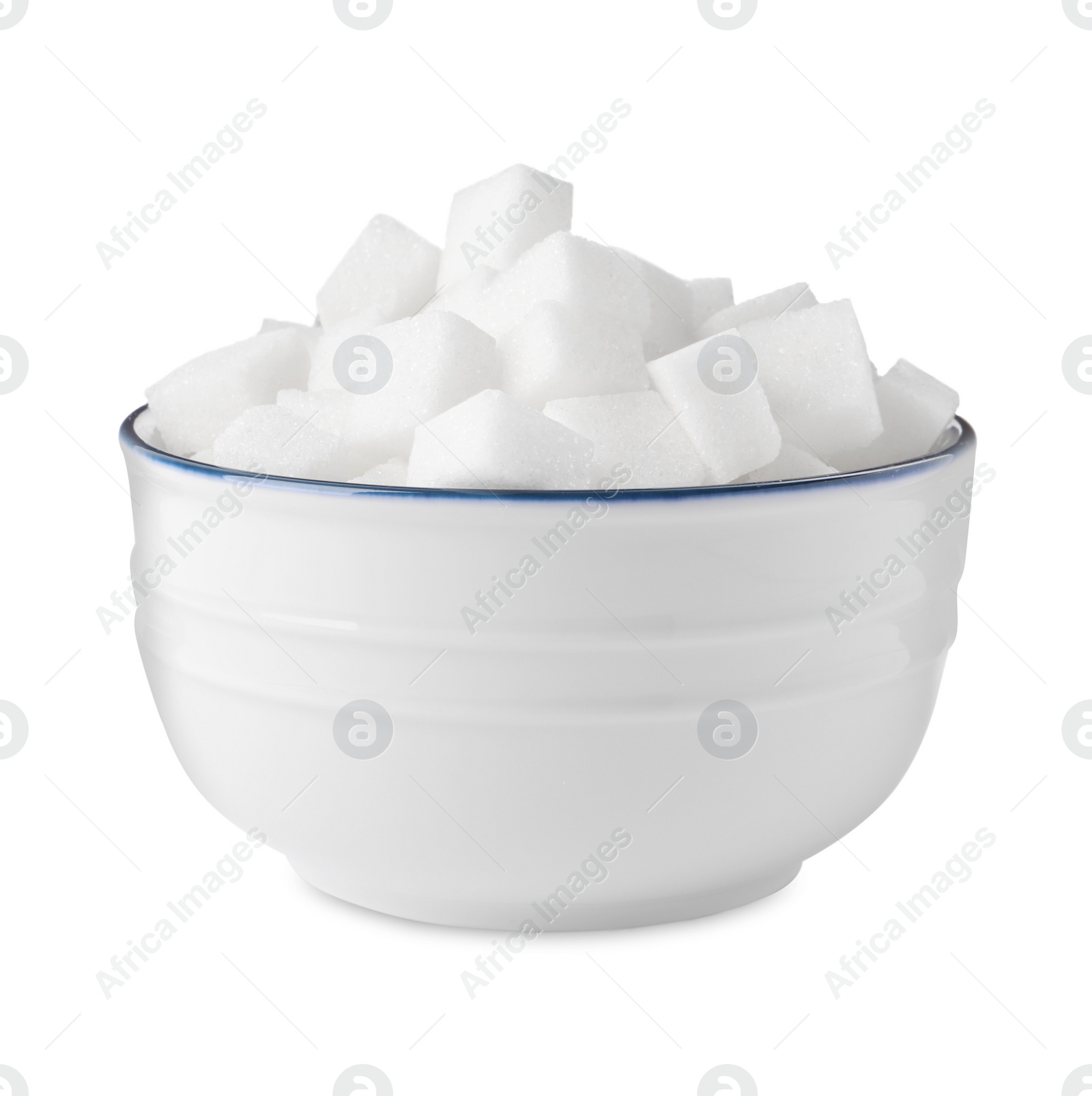 Photo of Bowl of refined sugar cubes isolated on white