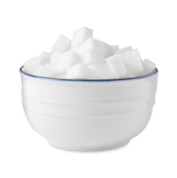 Bowl of refined sugar cubes isolated on white