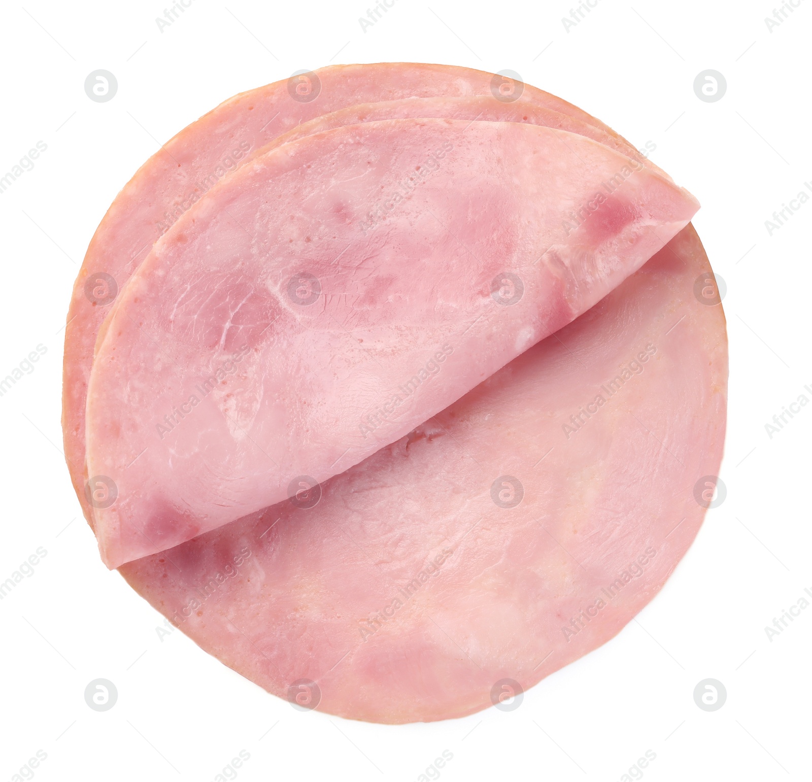 Photo of Slices of tasty ham isolated on white, top view