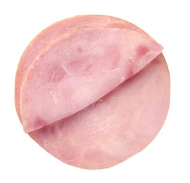 Slices of tasty ham isolated on white, top view