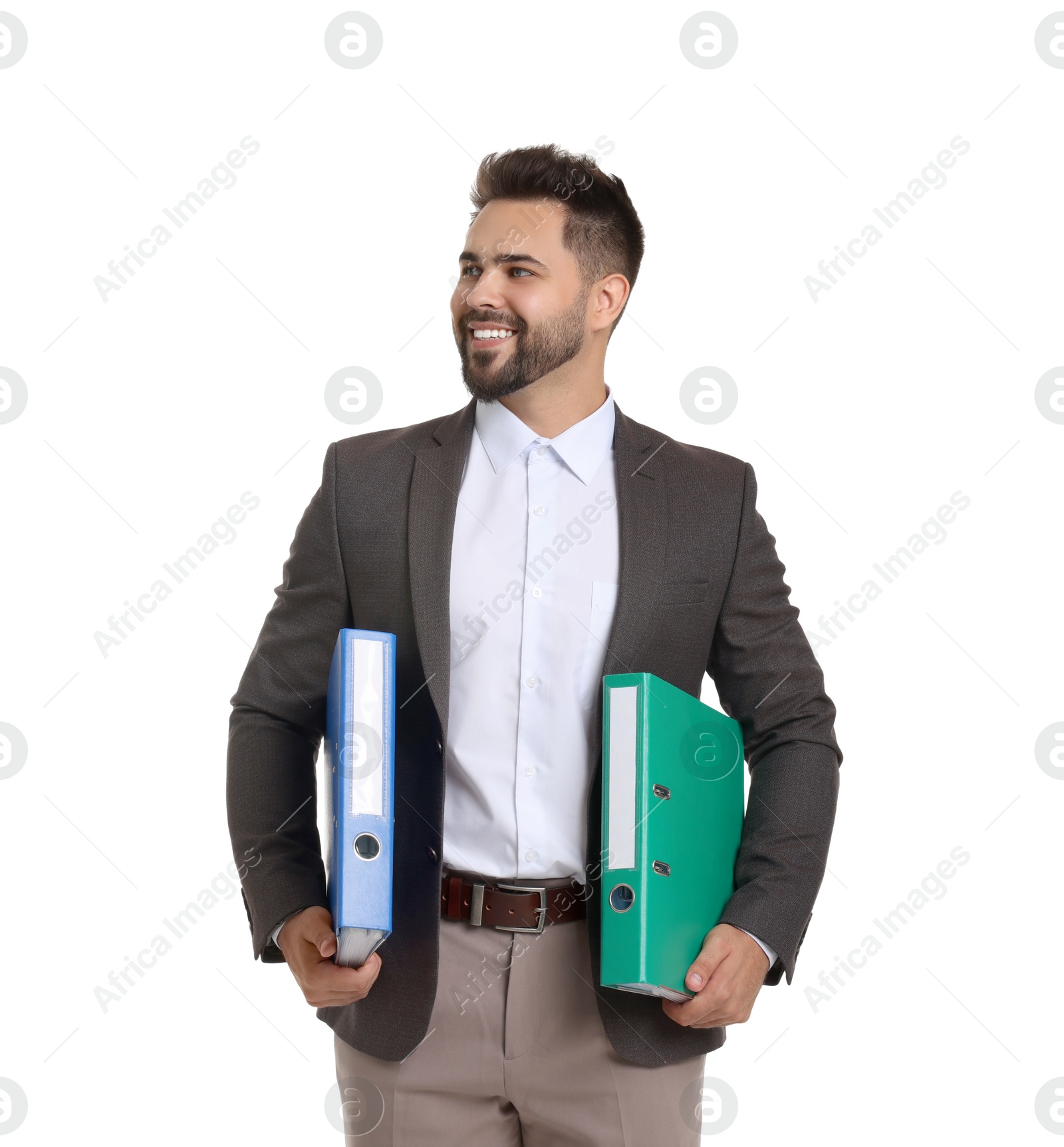 Photo of Happy man with folders on white background