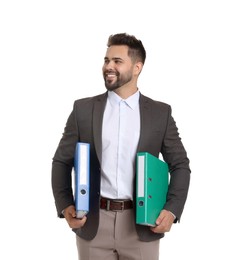 Photo of Happy man with folders on white background