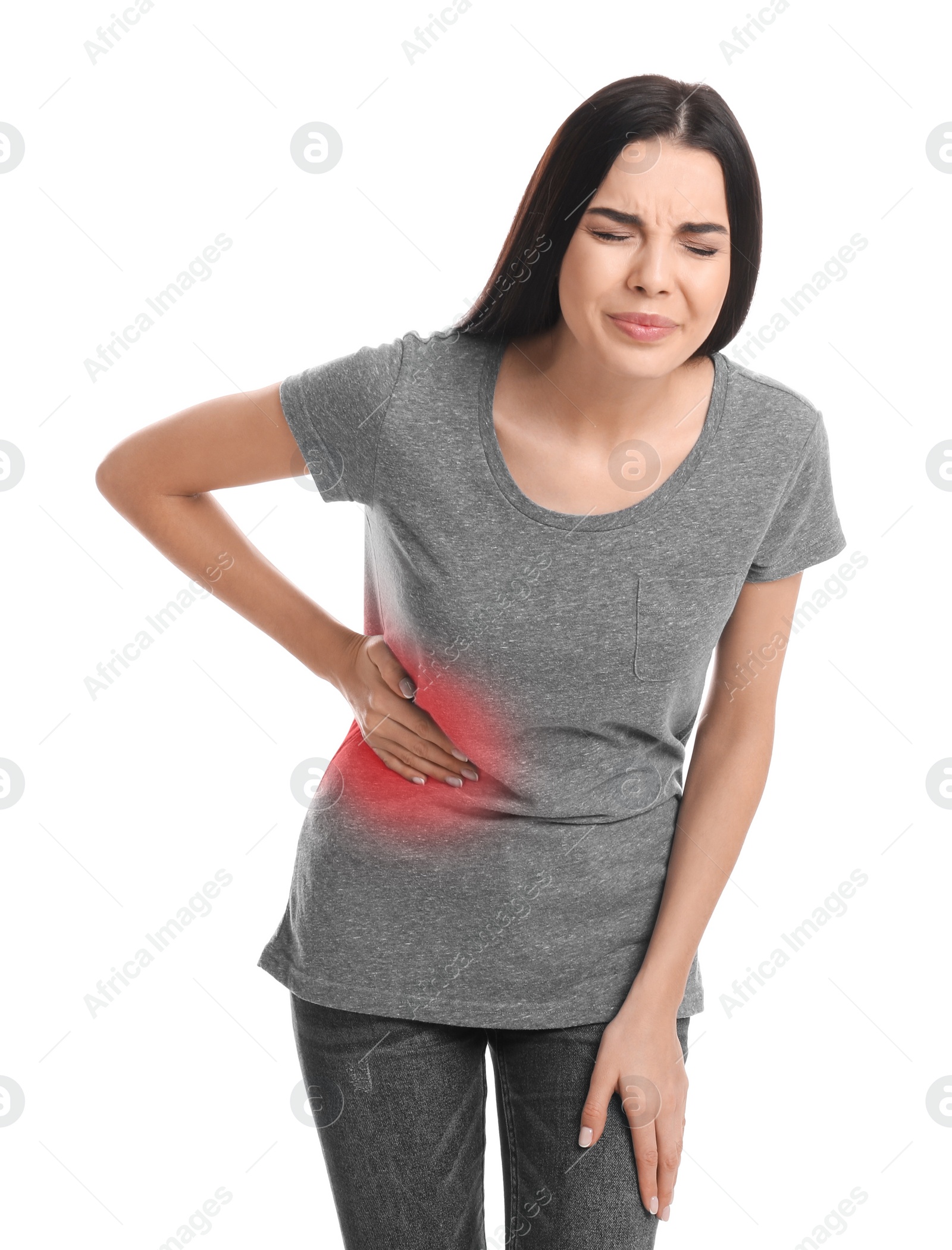 Photo of Woman suffering from liver pain on white background