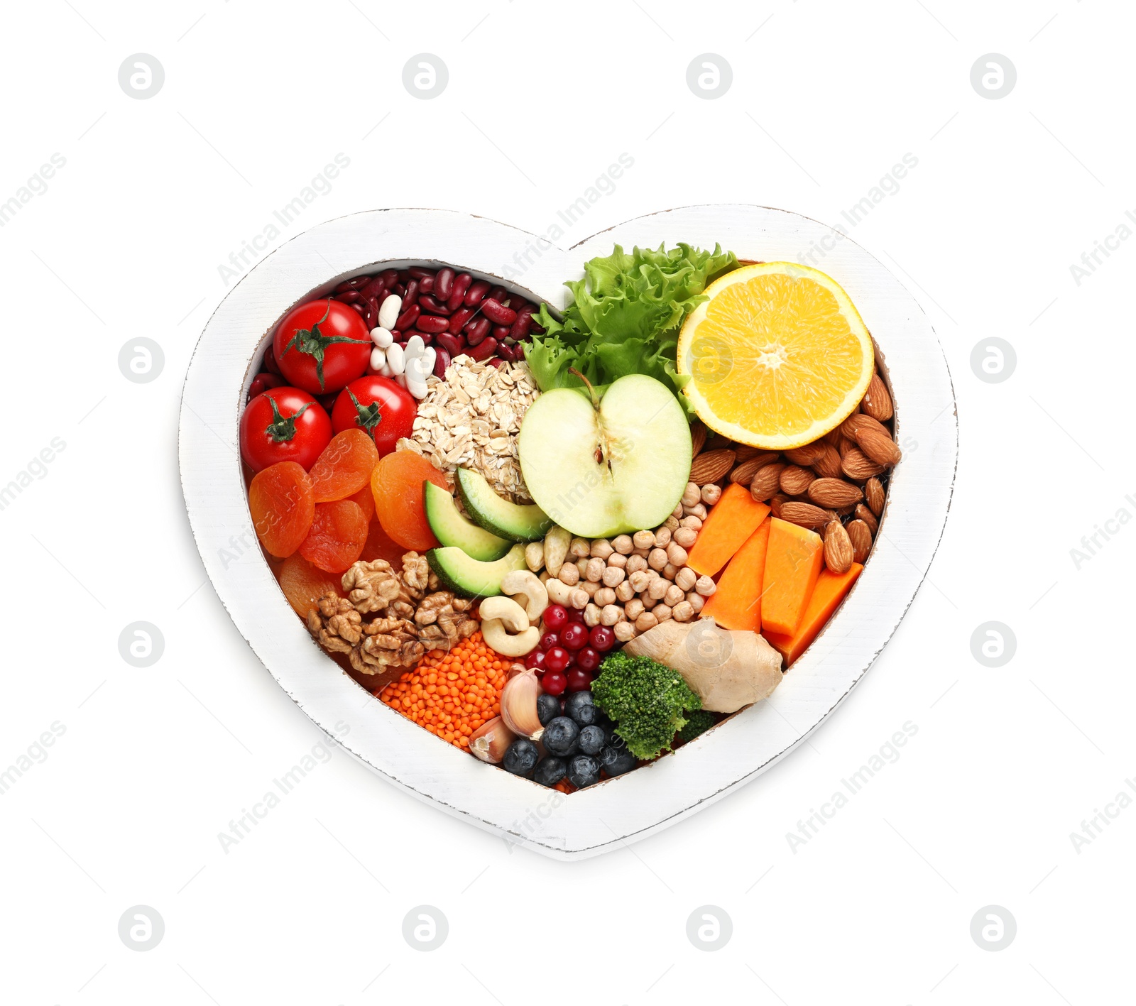 Photo of Heart shaped tray with healthy products on white background, top view