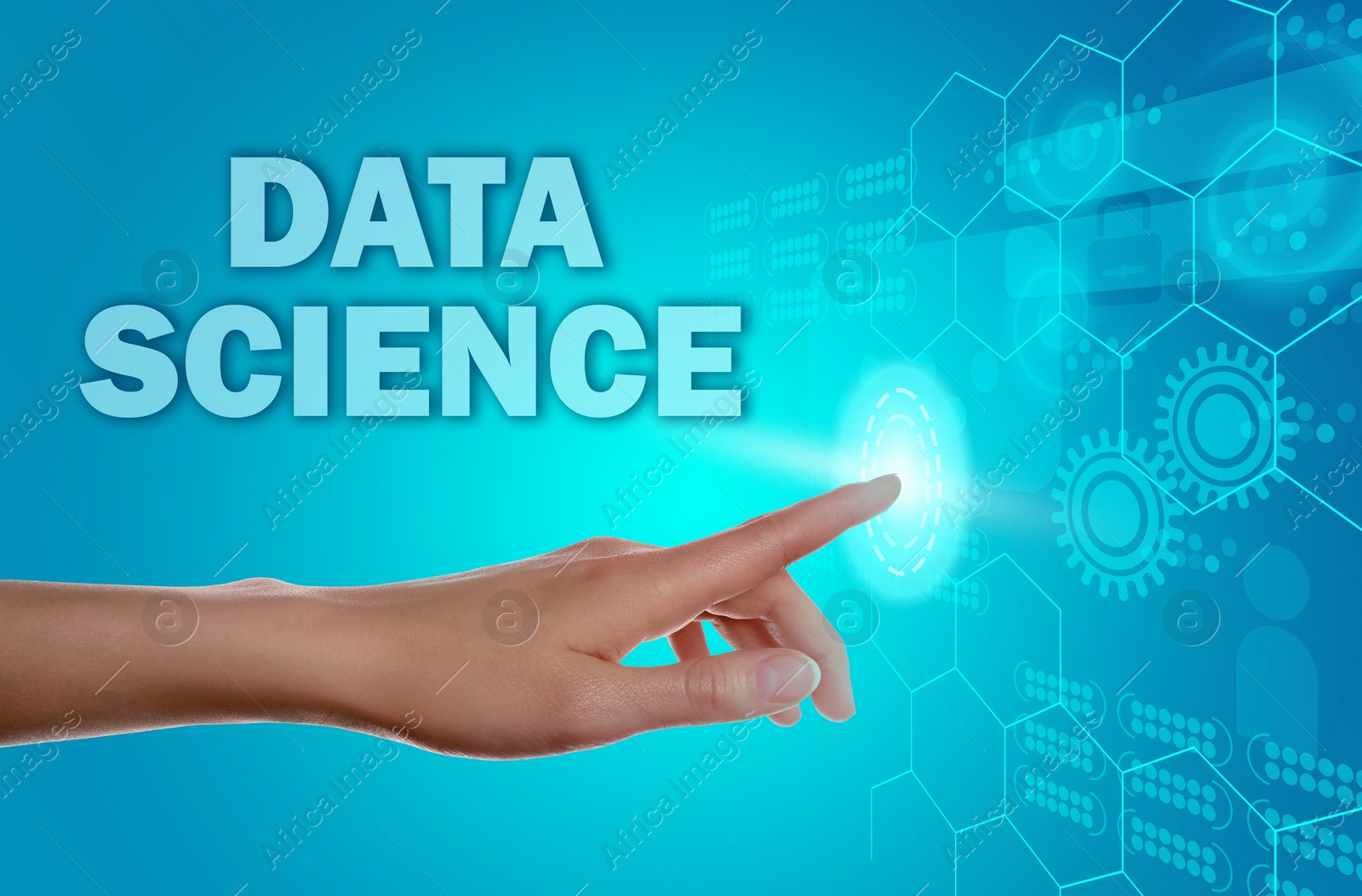 Image of Data science. Woman touching digital screen, closeup