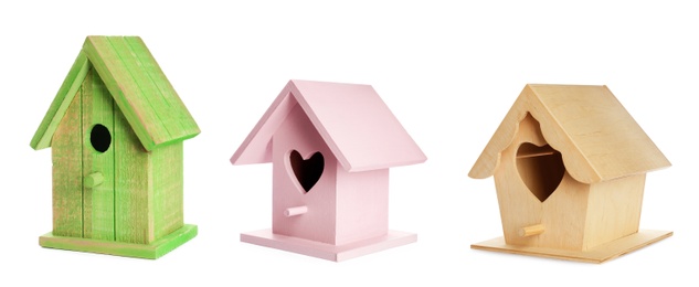 Set with different beautiful bird houses on white background, banner design