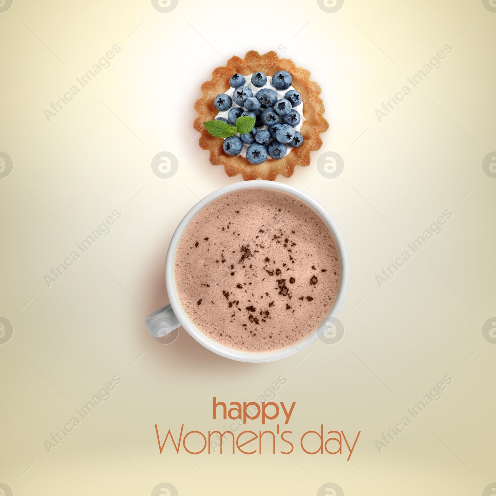 Image of 8 March - Happy International Women's Day. Card design with shape of number eight made of dessert and cappuccino on beige background, top view