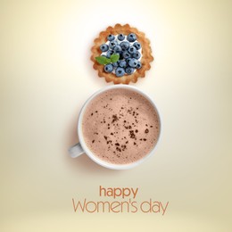 8 March - Happy International Women's Day. Card design with shape of number eight made of dessert and cappuccino on beige background, top view