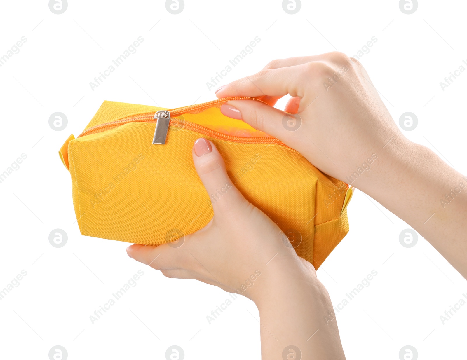 Photo of Woman with cosmetic bag isolated on white, closeup