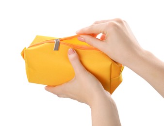 Woman with cosmetic bag isolated on white, closeup