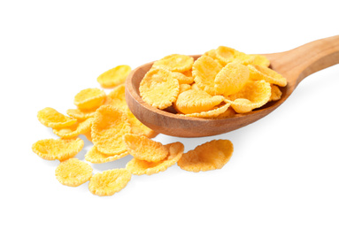 Wooden spoon of tasty corn flakes on white background