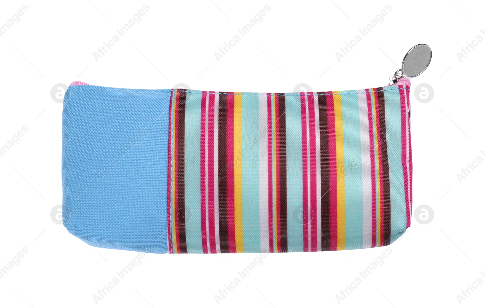 Photo of Color pencil case isolated on white. School stationery