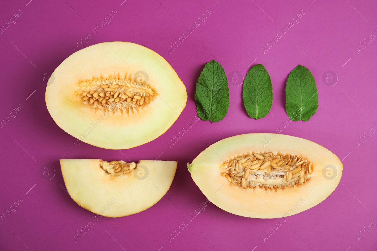 Photo of Flat lay composition with melon and mint leaves on color background