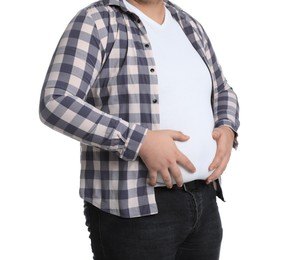 Photo of Overweight man in tight clothes on white background, closeup