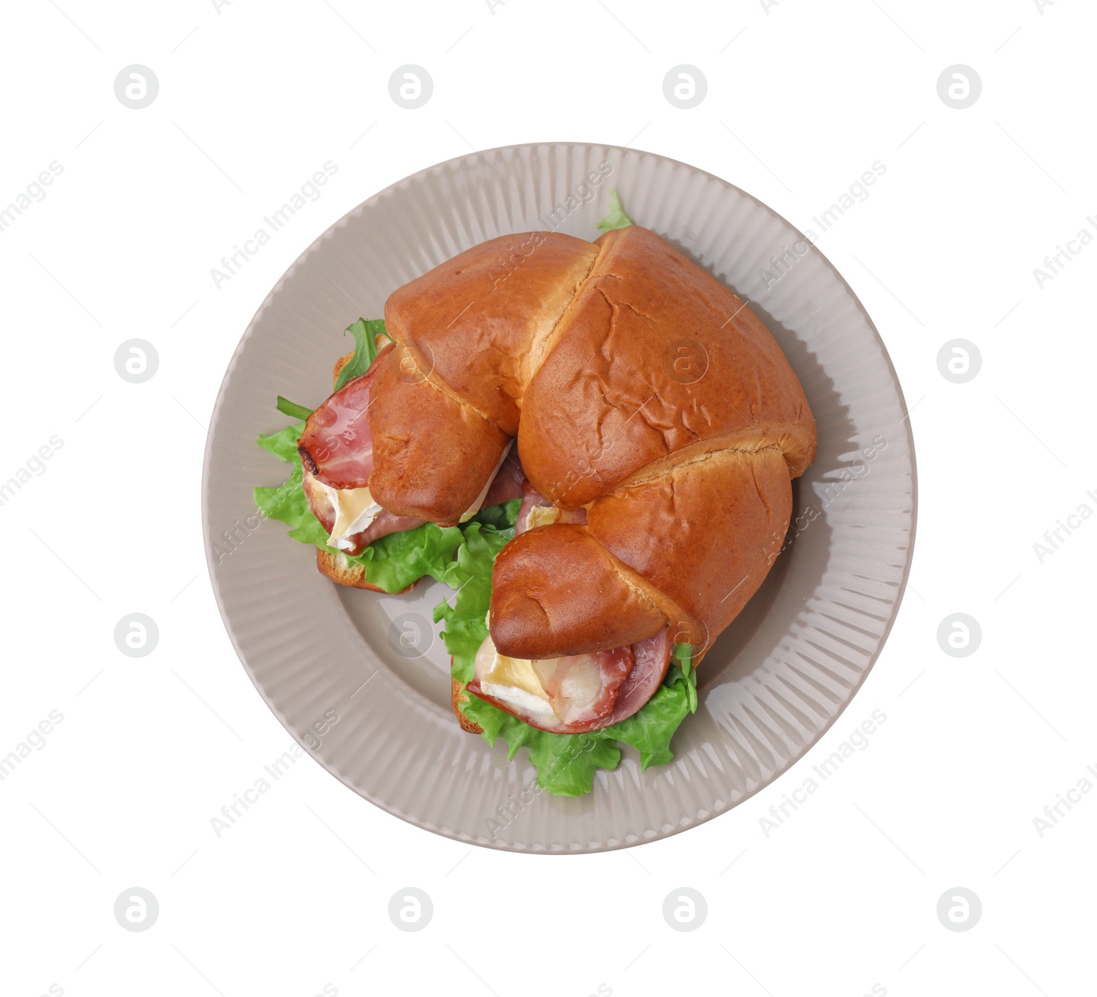 Photo of Tasty crescent roll with brie cheese, ham and bacon isolated on white, top view