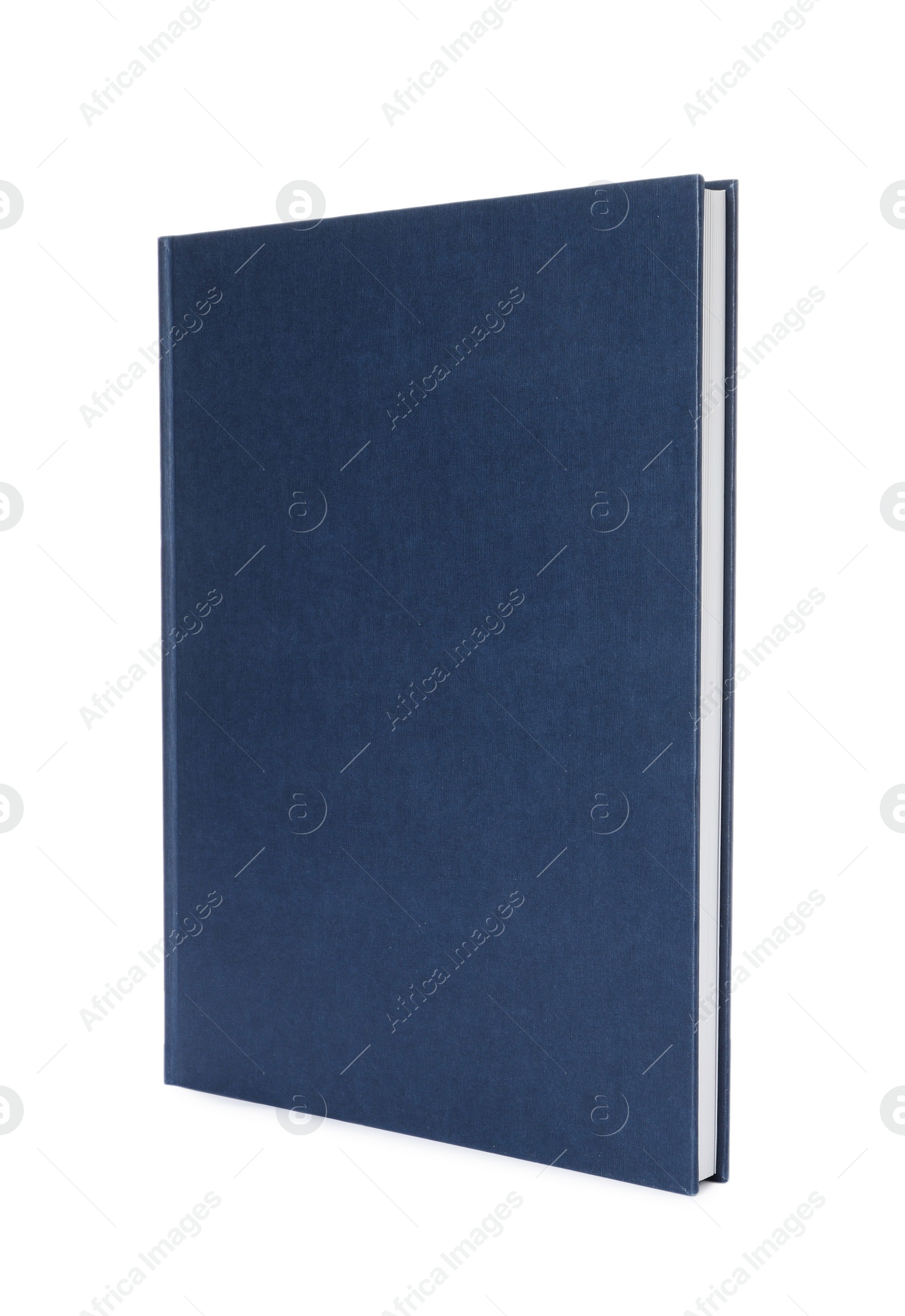 Photo of Closed book with blue hard cover isolated on white