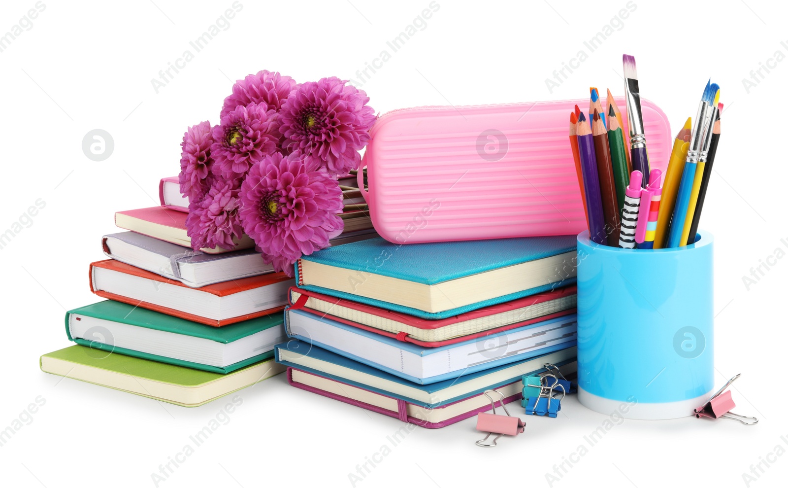 Photo of Beautiful flowers and stationery on white background. Teacher's Day