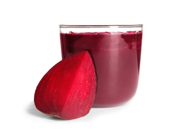 Glass of beet smoothie on white background