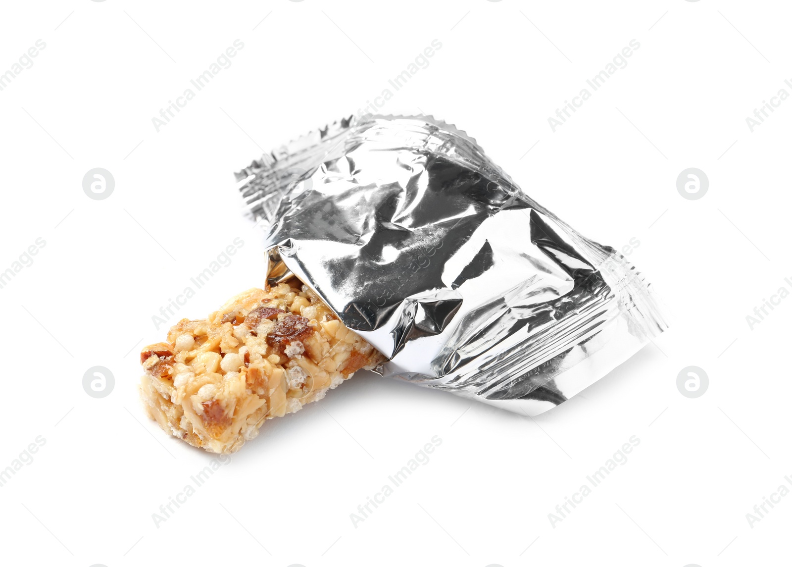 Photo of Grain cereal bar in foil on white background