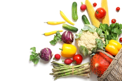 Photo of Flat lay composition with fresh vegetables on white background