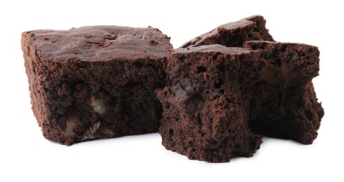 Photo of Delicious chocolate brownies with nuts on white background