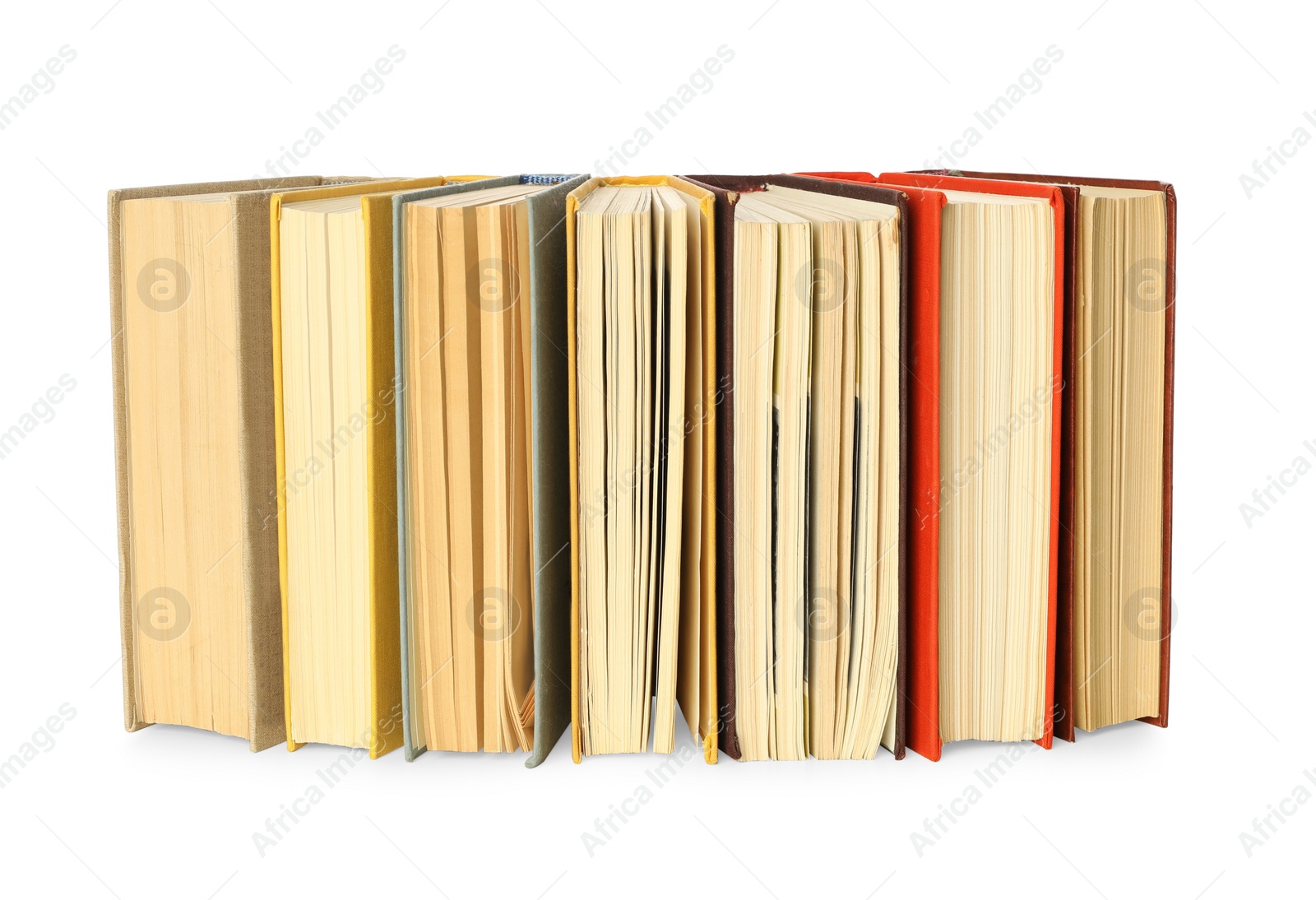 Photo of Lots of library books on white background