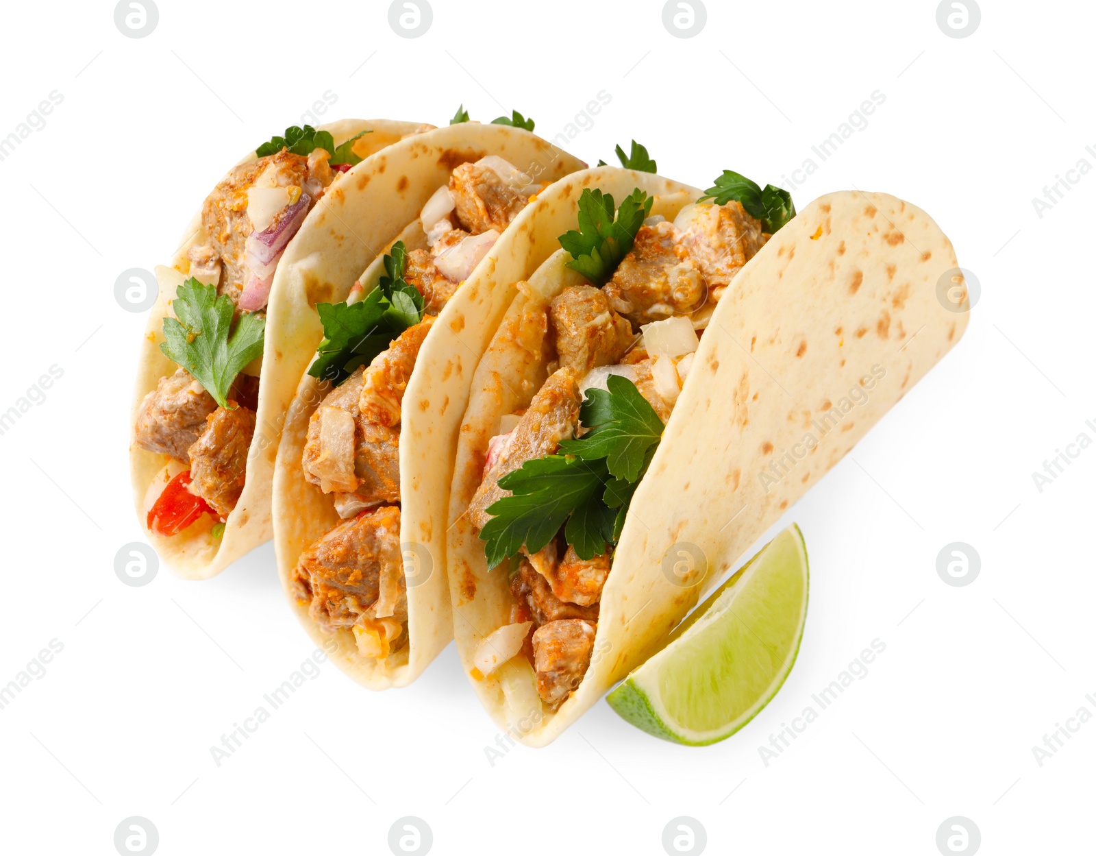 Photo of Delicious tacos with meat and parsley isolated on white