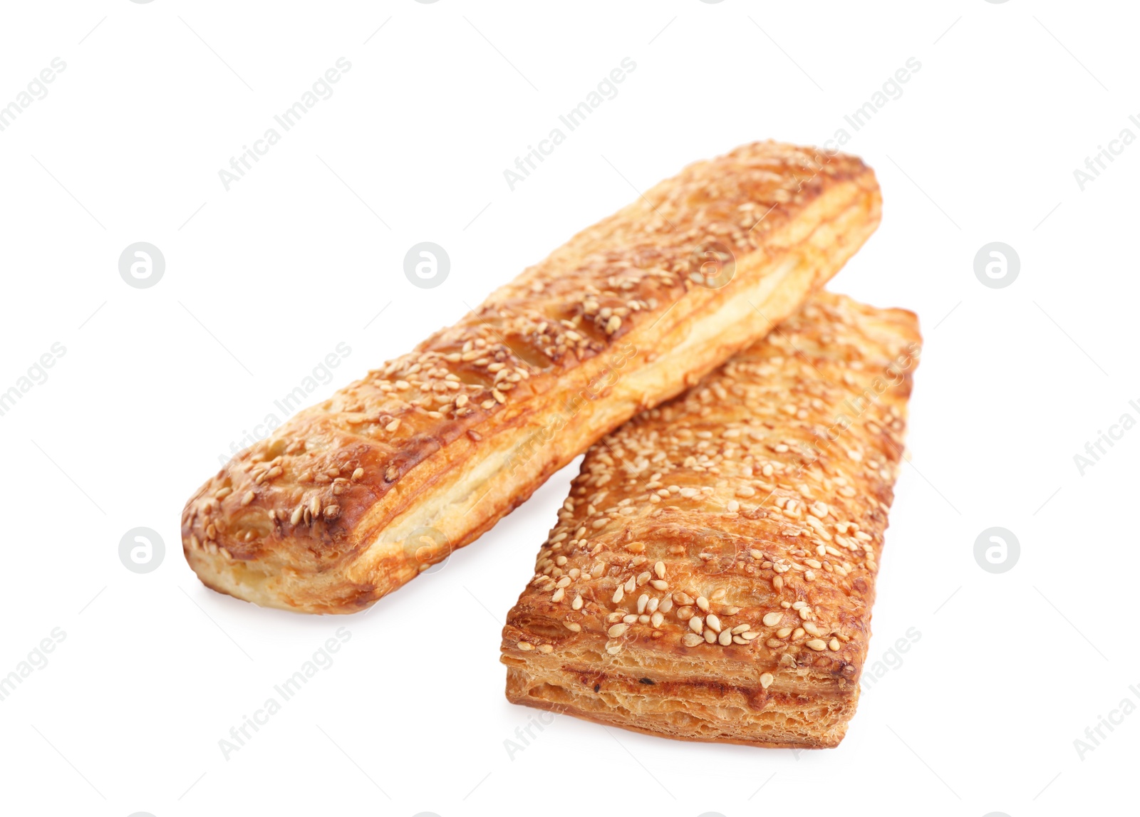 Photo of Fresh tasty puff pastry on white background