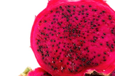 Photo of Delicious cut red pitahaya fruit on white background, closeup