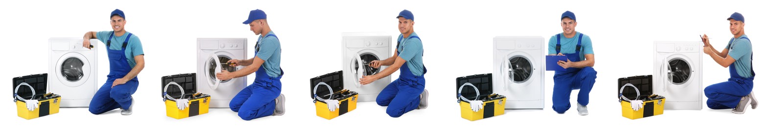 Image of Collage with photos of plumber repairing washing machine on white background. Banner design