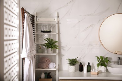 Beautiful green ferns and toiletries in bathroom