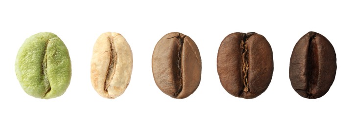 Image of Stages of roasting coffee beans on white background, collage. Banner design