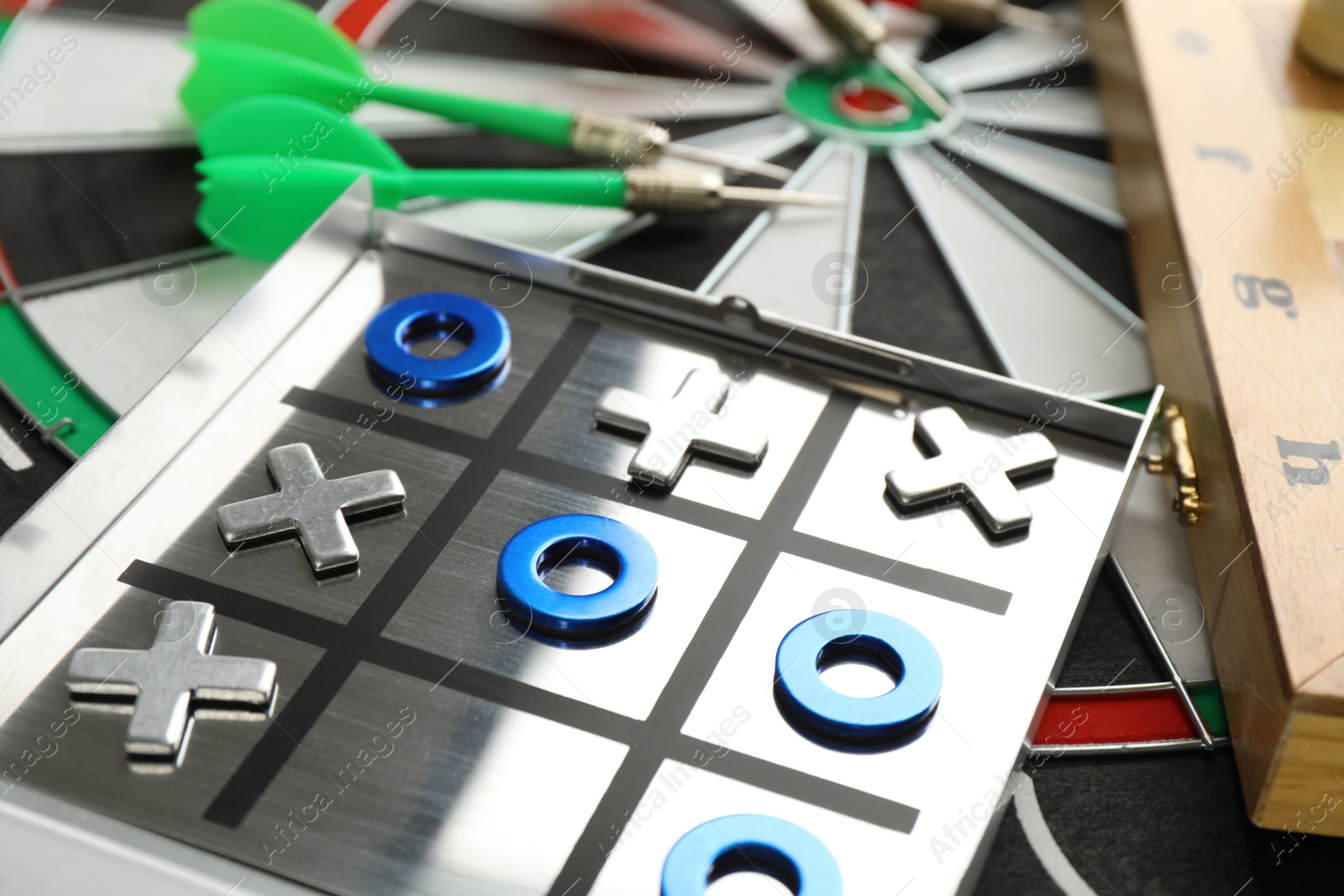 Photo of Different types of board games as background, closeup