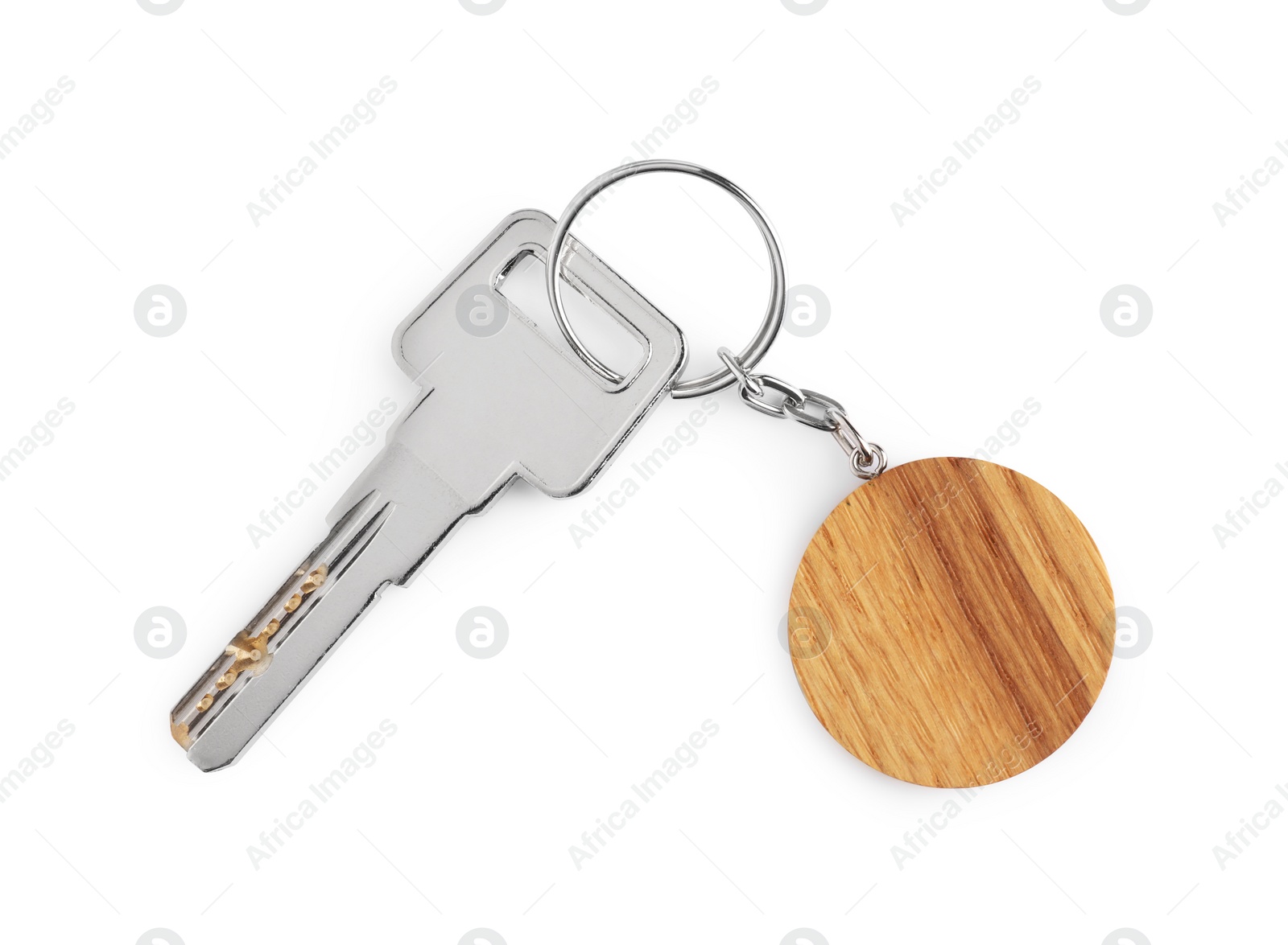 Photo of Key with wooden keychain isolated on white, top view