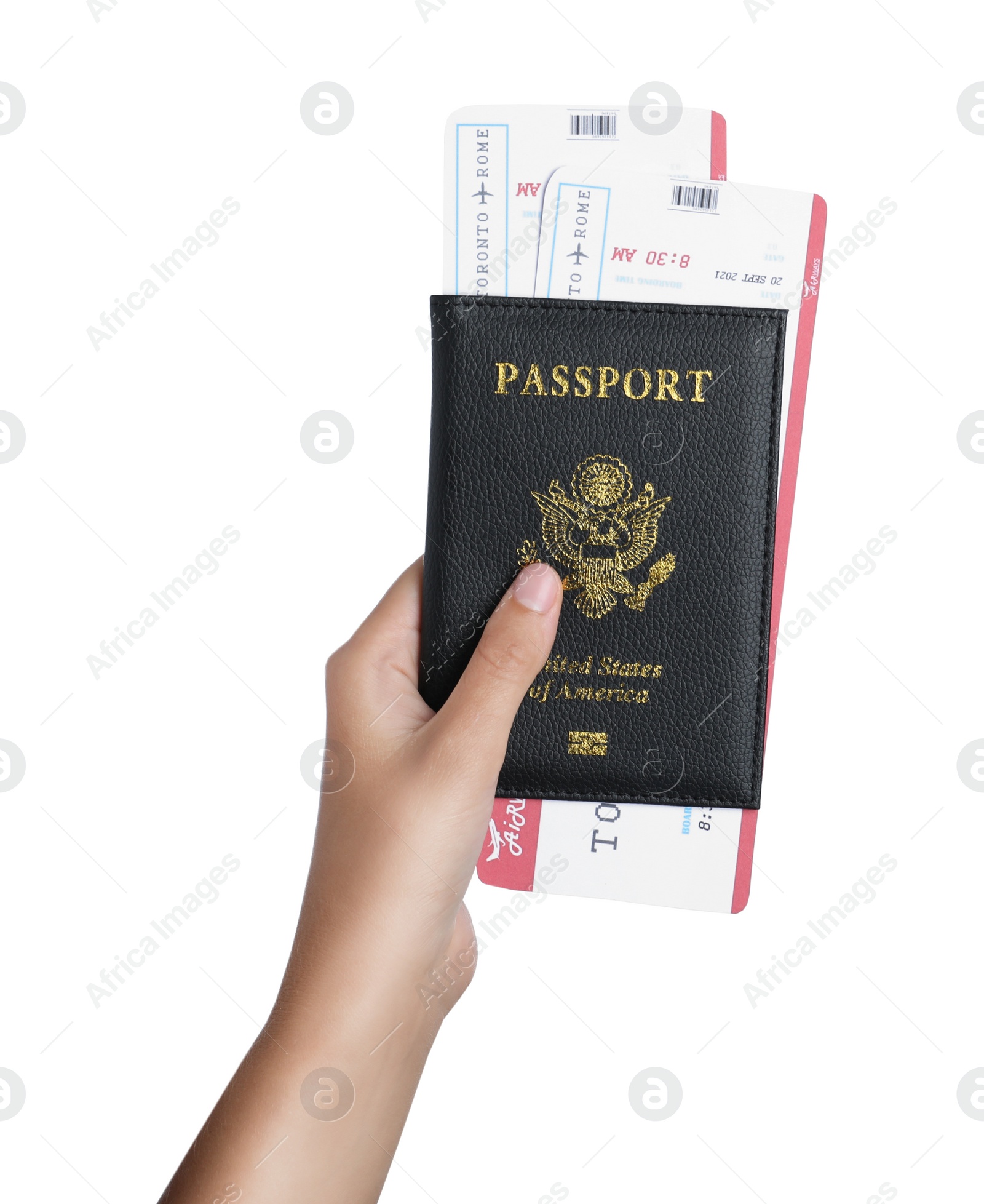 Photo of Woman holding passport with tickets on white background, closeup. Travel agency concept