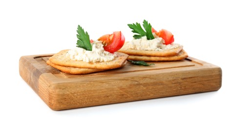 Photo of Delicious crackers with cream cheese, tomato and parsley on white background