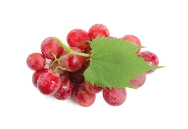 Photo of Cluster of ripe red grapes with green leaf on white background, top view