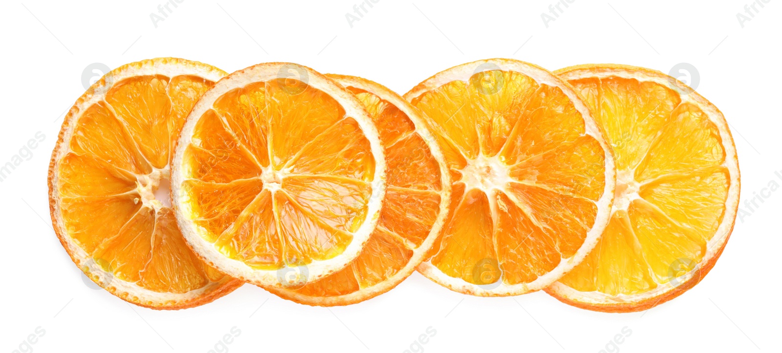 Delicious dry orange slices on white background, top view Photo of Delicious dry orange slices on white background, top view