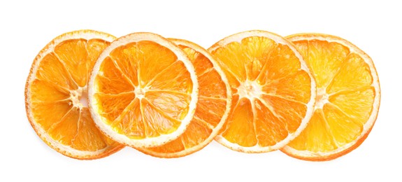 Photo of Delicious dry orange slices on white background, top view